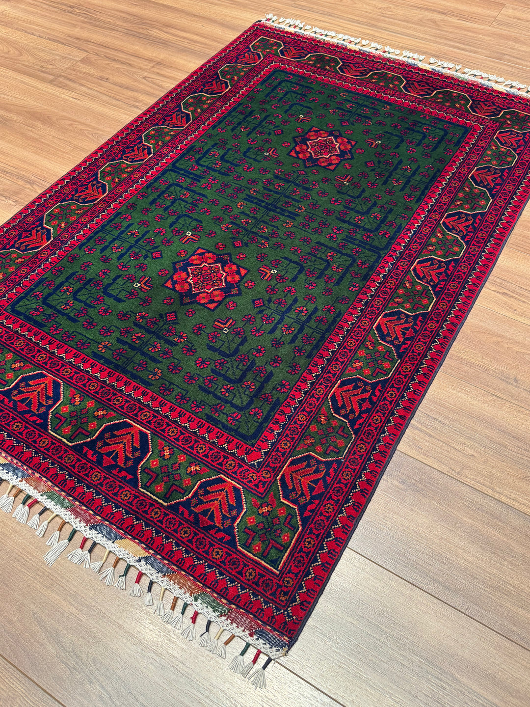 Afghan Rug, Green Hamyap, Original Handwoven, Root Dyed Wool, 101x152 cm (1.54 square meters) - 3x5 ft 