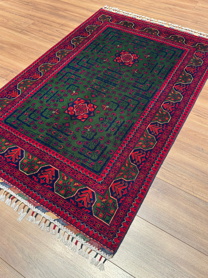 Afghan Rug, Green Hamyap, Original Handwoven, Root Dyed Wool, 101x152 cm (1.54 square meters) - 3x5 ft 