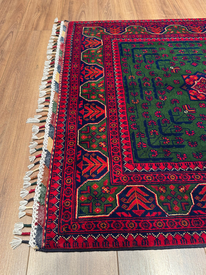 Afghan Rug, Green Hamyap, Original Handwoven, Root Dyed Wool, 101x152 cm (1.54 square meters) - 3x5 ft 