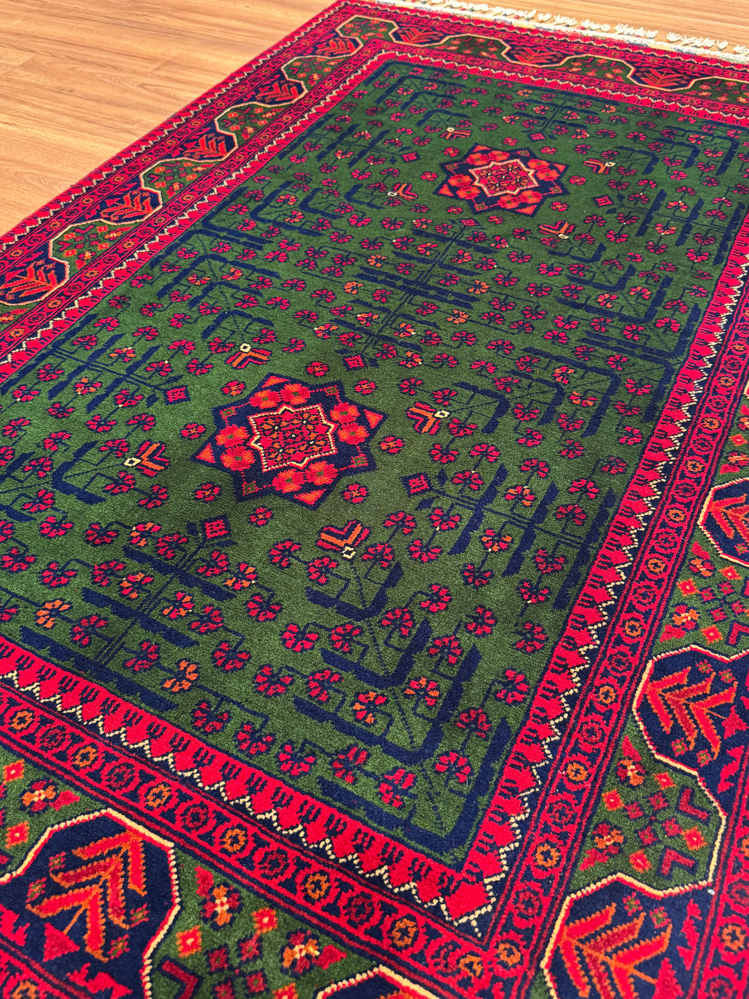 Afghan Rug, Green Hamyap, Original Handwoven, Root Dyed Wool, 101x152 cm (1.54 square meters) - 3x5 ft 