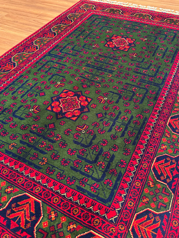 Afghan Rug, Green Hamyap, Original Handwoven, Root Dyed Wool, 101x152 cm (1.54 square meters) - 3x5 ft 
