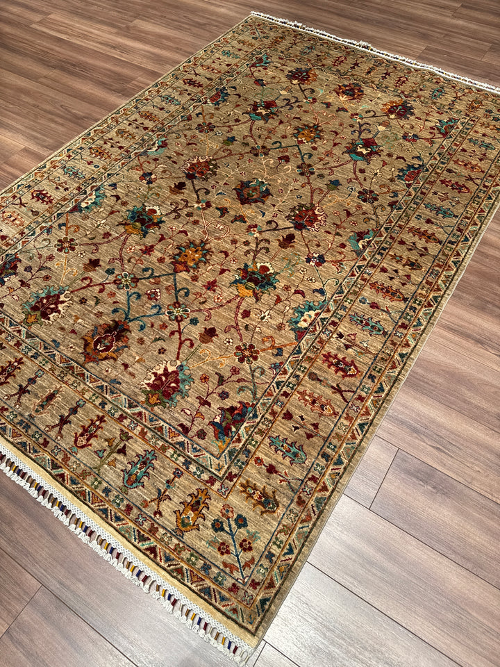 Sultani Binbirgece Orijinal El Dokuması Bej Kök Boya Yün Halı 168x246 4.13 Metrekare - 5x8 ft