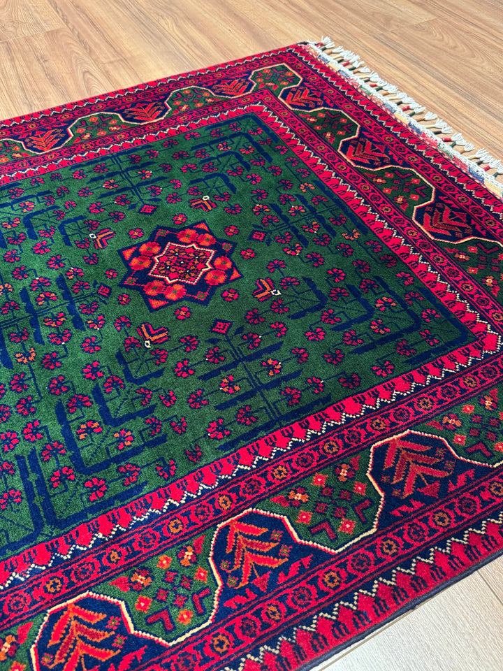 Afghan Rug, Green Hamyap, Original Handwoven, Root Dyed Wool, 101x152 cm (1.54 square meters) - 3x5 ft 