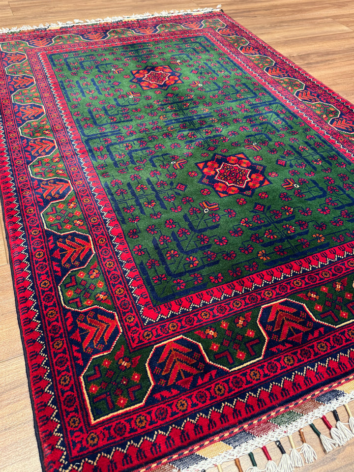 Afghan Rug, Green Hamyap, Original Handwoven, Root Dyed Wool, 101x152 cm (1.54 square meters) - 3x5 ft 