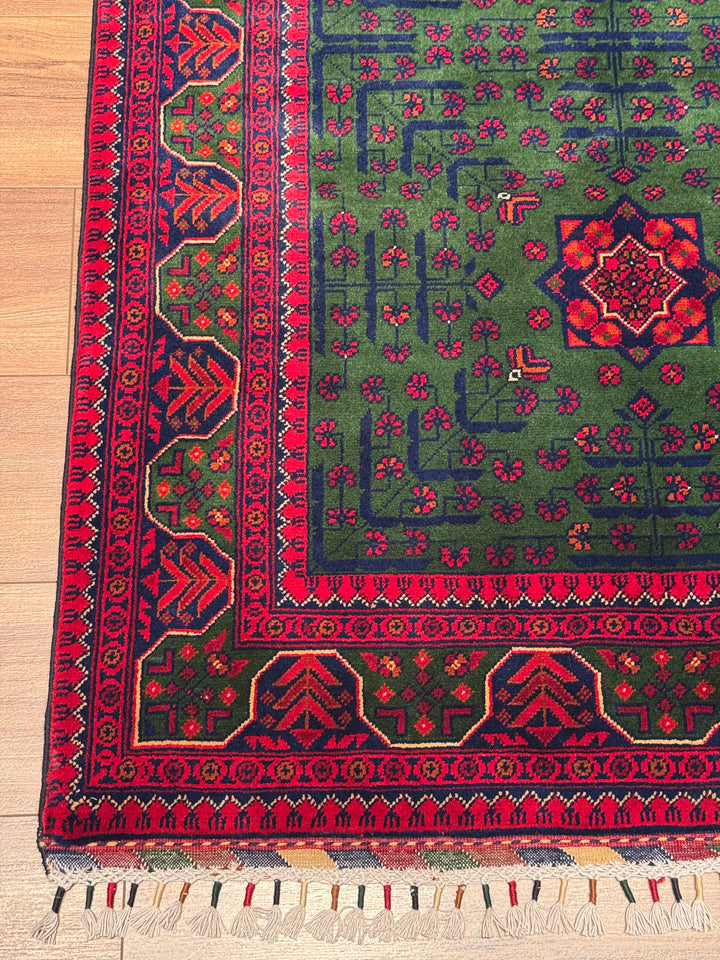 Afghan Rug, Green Hamyap, Original Handwoven, Root Dyed Wool, 101x152 cm (1.54 square meters) - 3x5 ft 