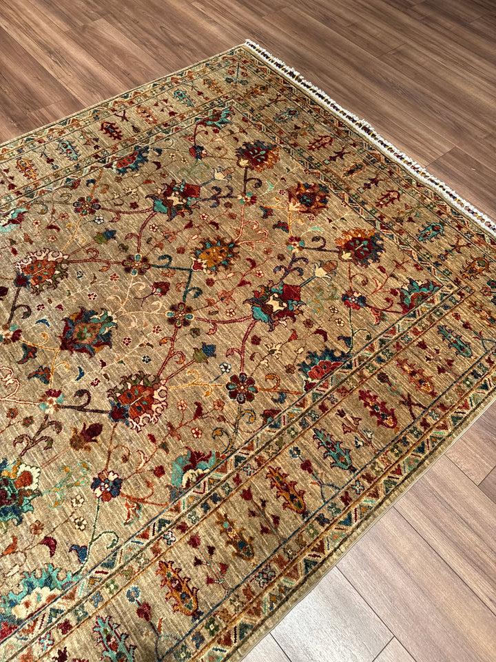 Sultani Binbirgece Orijinal El Dokuması Bej Kök Boya Yün Halı 168x246 4.13 Metrekare - 5x8 ft
