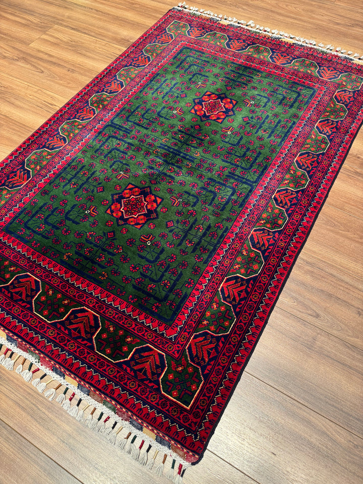 Afghan Rug, Green Hamyap, Original Handwoven, Root Dyed Wool, 101x152 cm (1.54 square meters) - 3x5 ft 