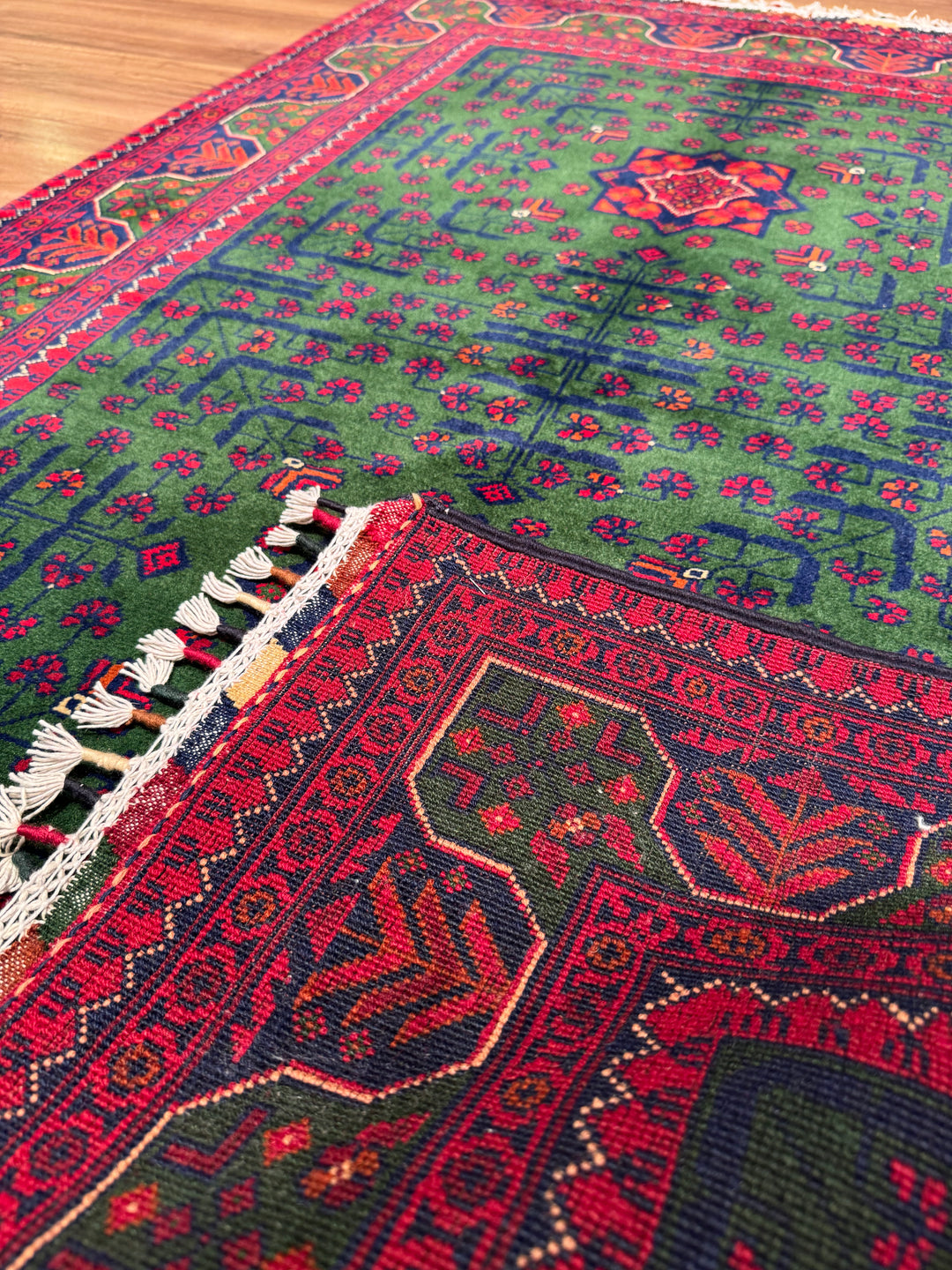 Afghan Rug, Green Hamyap, Original Handwoven, Root Dyed Wool, 101x152 cm (1.54 square meters) - 3x5 ft 