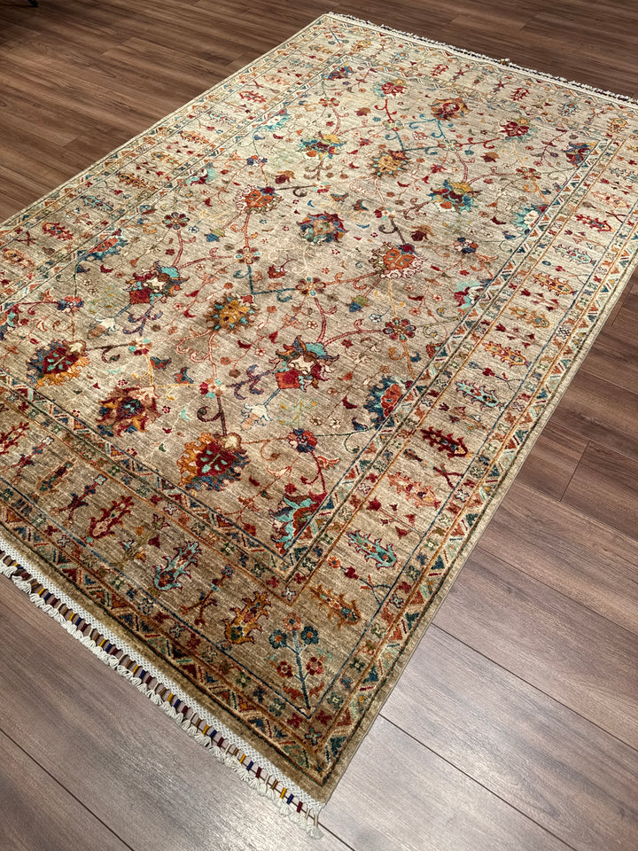 Sultani Binbirgece Orijinal El Dokuması Bej Kök Boya Yün Halı 168x246 4.13 Metrekare - 5x8 ft