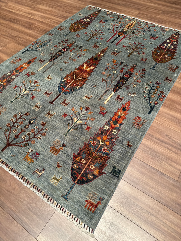 Hayat Ağacı Orijinal El Dokuması Gri Kök Boya Yün Halı 171x241 4.12 Metrekare - 5x8 ft