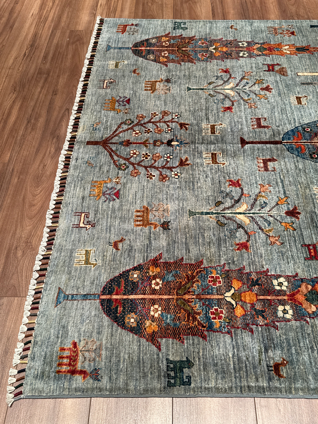 Hayat Ağacı Orijinal El Dokuması Gri Kök Boya Yün Halı 171x241 4.12 Metrekare - 5x8 ft