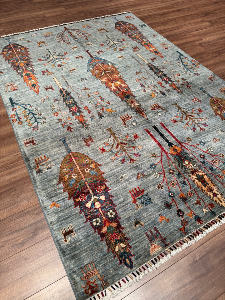 Hayat Ağacı Orijinal El Dokuması Gri Kök Boya Yün Halı 171x241 4.12 Metrekare - 5x8 ft