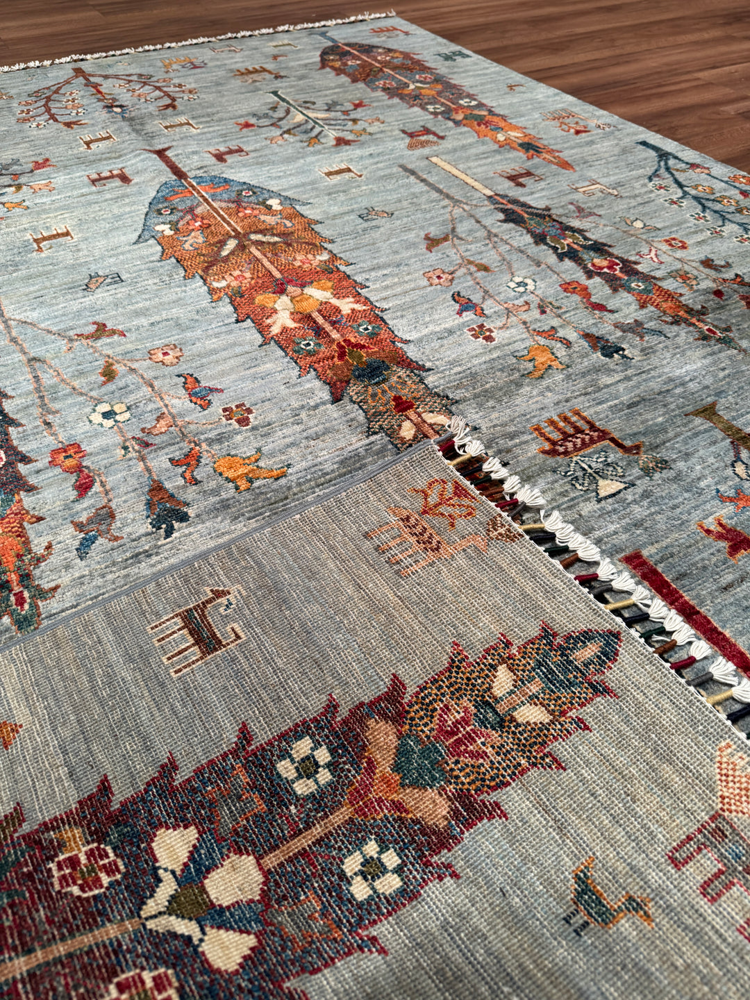 Hayat Ağacı Orijinal El Dokuması Gri Kök Boya Yün Halı 171x241 4.12 Metrekare - 5x8 ft