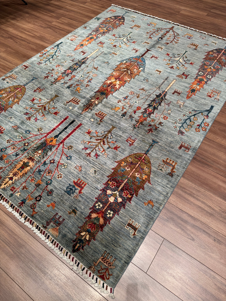 Hayat Ağacı Orijinal El Dokuması Gri Kök Boya Yün Halı 171x241 4.12 Metrekare - 5x8 ft