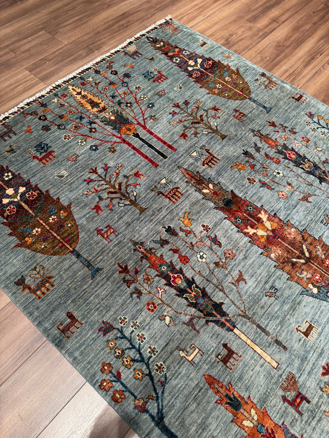 Hayat Ağacı Orijinal El Dokuması Gri Kök Boya Yün Halı 171x241 4.12 Metrekare - 5x8 ft
