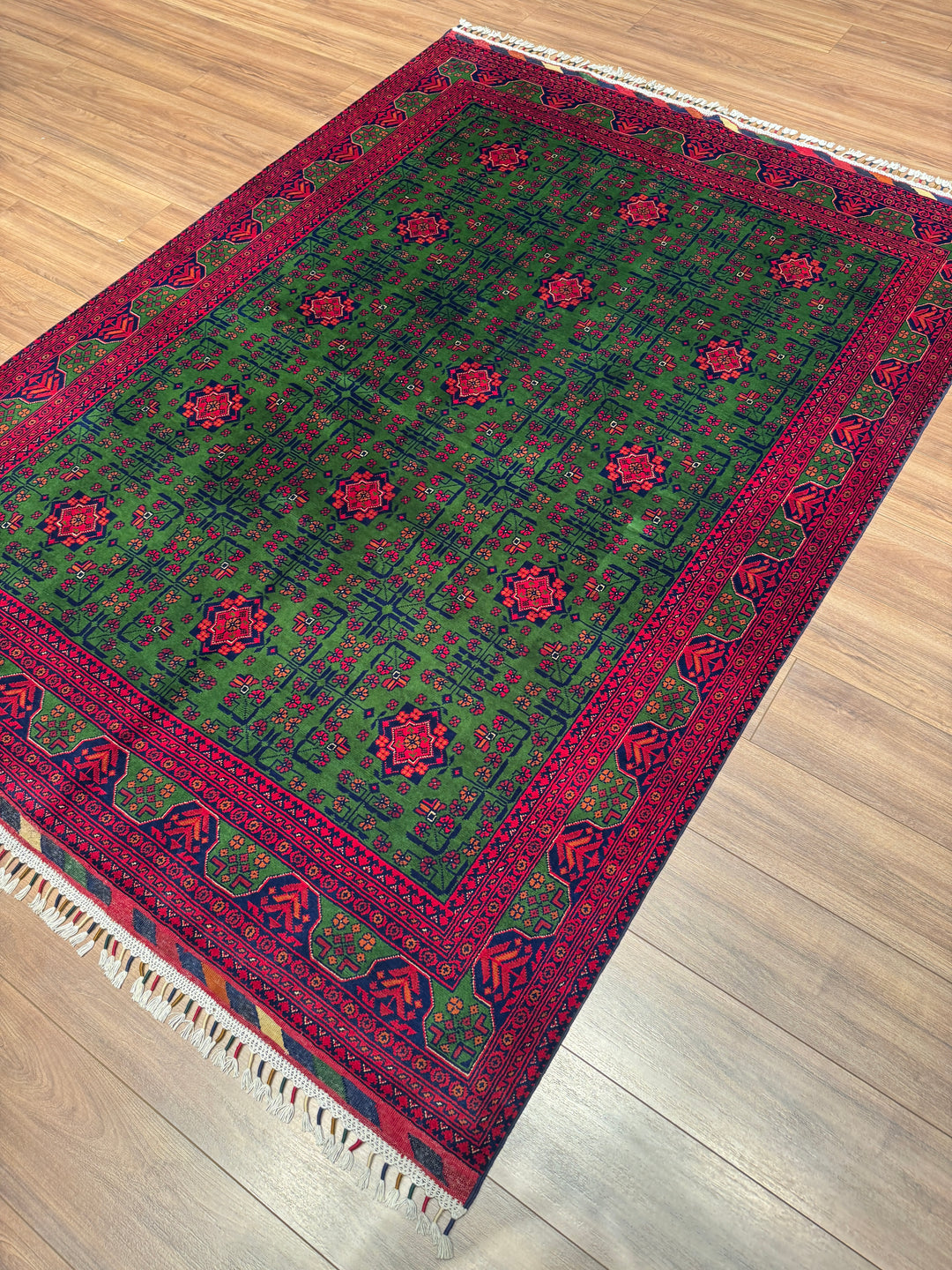 Afgan Halısı Yeşil Hamyap Orijinal El Dokuması Kök Boya Yün 177x238 4.21 Metrekare - 5x7 ft