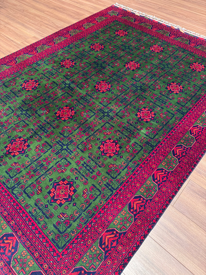 Afgan Halısı Yeşil Hamyap Orijinal El Dokuması Kök Boya Yün 177x238 4.21 Metrekare - 5x7 ft