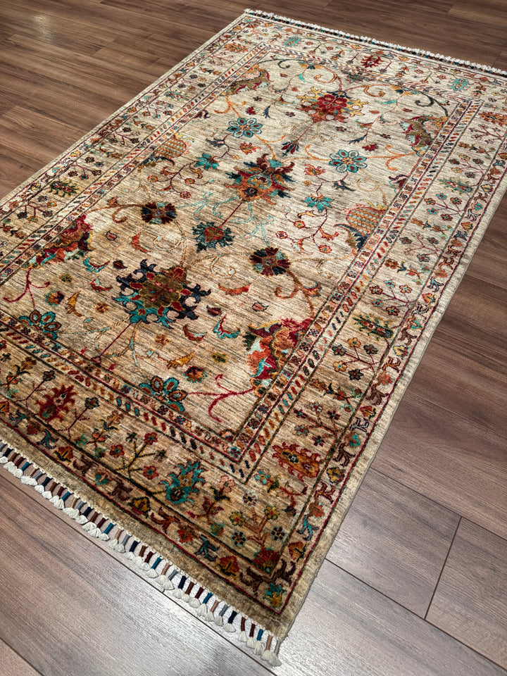 Sultani Binbirgece Orijinal El Dokuması Bej Kök Boya Yün Halı 124x187 2.32 Metrekare - 4x6 ft