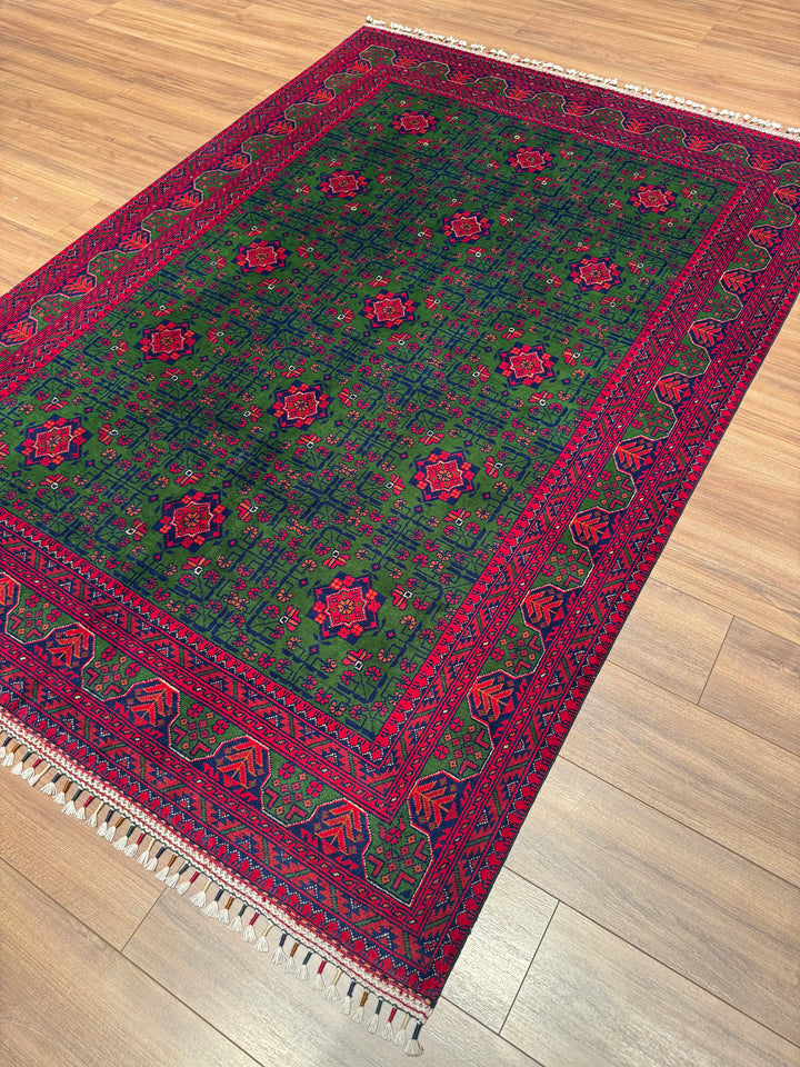 Afgan Halısı Yeşil Hamyap Orijinal El Dokuması Kök Boya Yün 166x234 3.88 Metrekare - 5x7 ft
