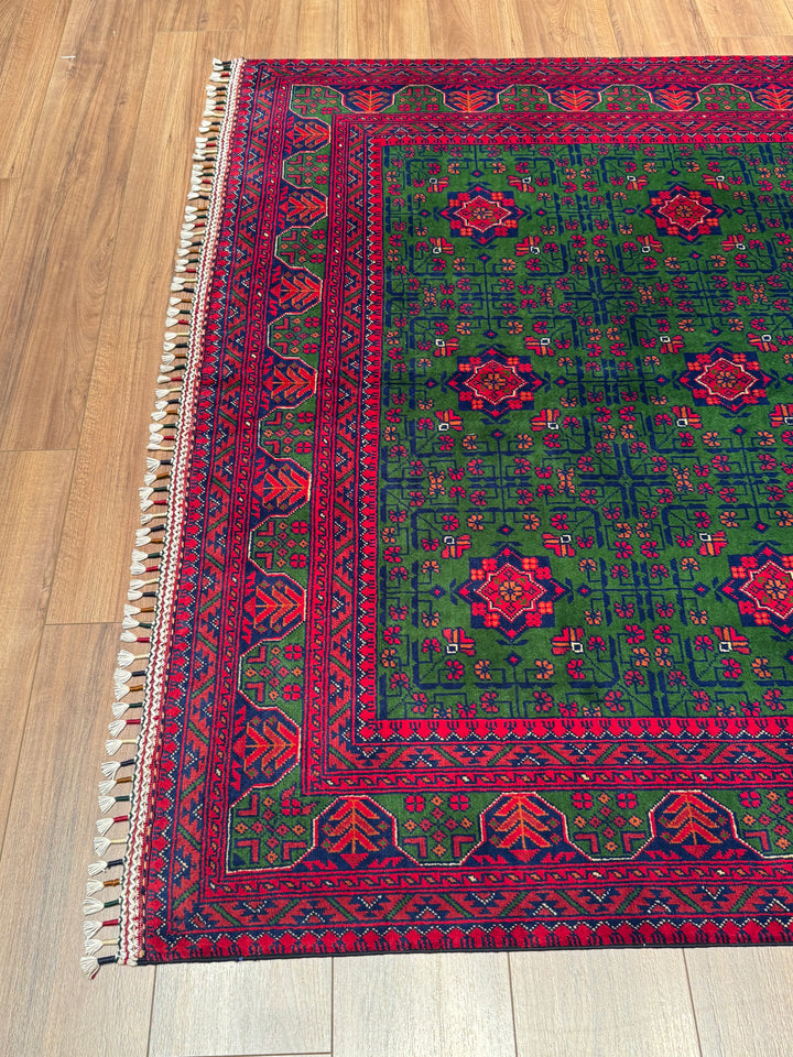 Afgan Halısı Yeşil Hamyap Orijinal El Dokuması Kök Boya Yün 166x234 3.88 Metrekare - 5x7 ft