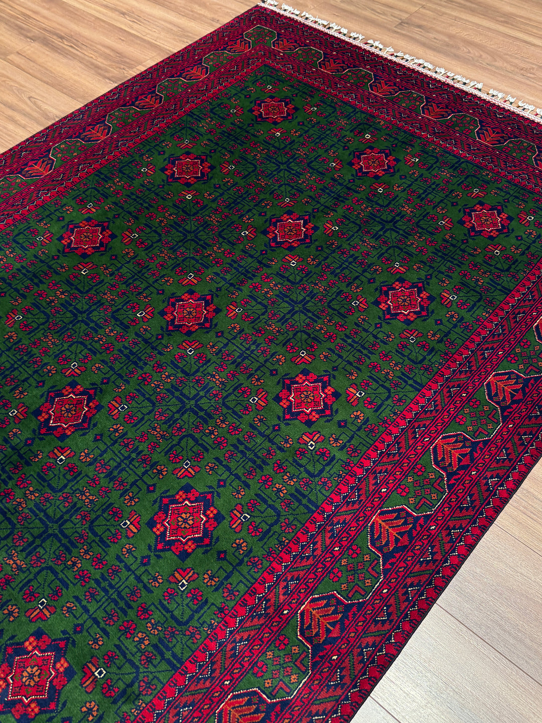 Afgan Halısı Yeşil Hamyap Orijinal El Dokuması Kök Boya Yün 166x234 3.88 Metrekare - 5x7 ft
