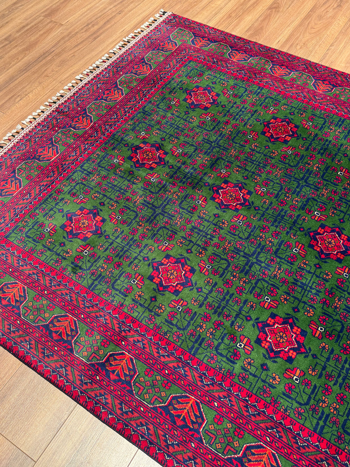 Afgan Halısı Yeşil Hamyap Orijinal El Dokuması Kök Boya Yün 166x234 3.88 Metrekare - 5x7 ft