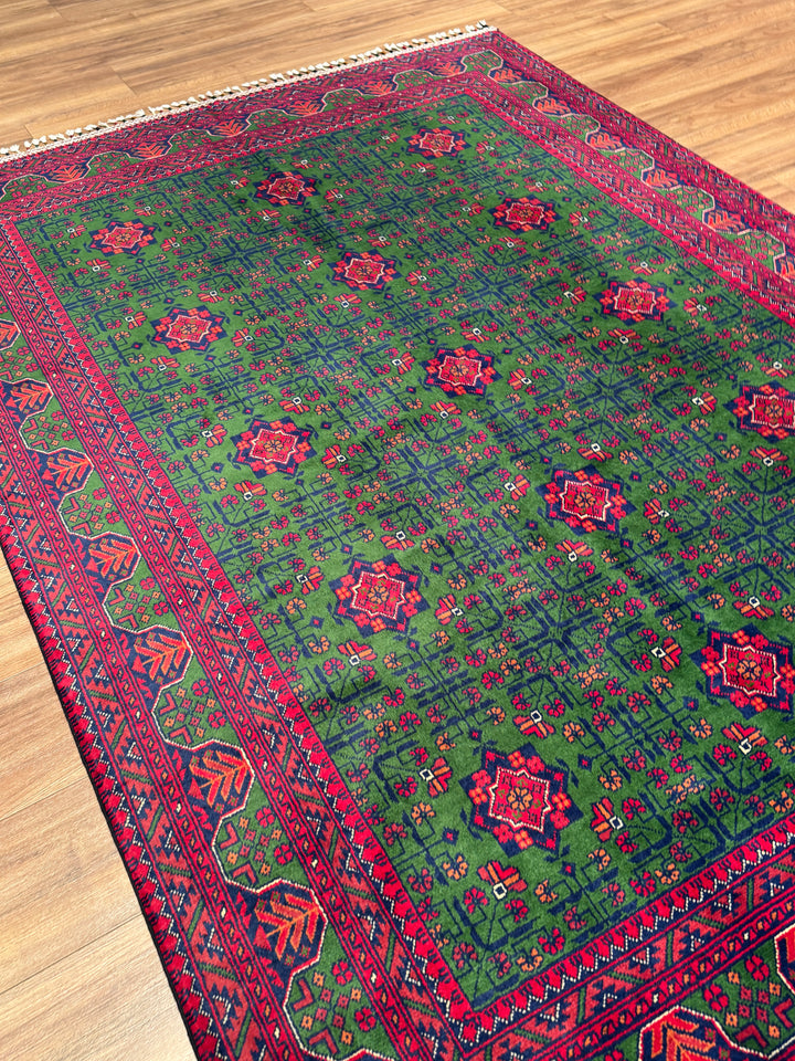 Afgan Halısı Yeşil Hamyap Orijinal El Dokuması Kök Boya Yün 166x234 3.88 Metrekare - 5x7 ft