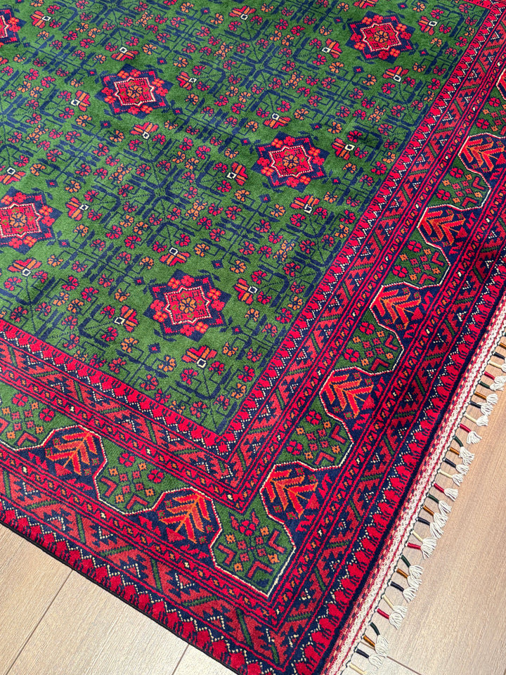 Afgan Halısı Yeşil Hamyap Orijinal El Dokuması Kök Boya Yün 166x234 3.88 Metrekare - 5x7 ft