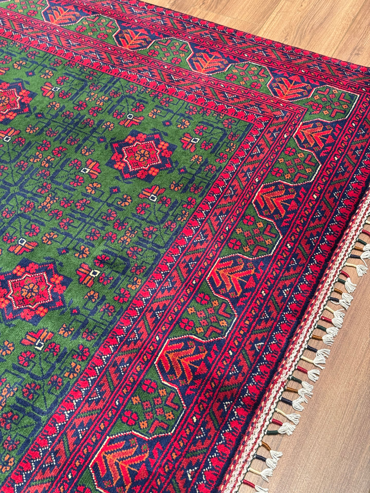 Afgan Halısı Yeşil Hamyap Orijinal El Dokuması Kök Boya Yün 166x234 3.88 Metrekare - 5x7 ft