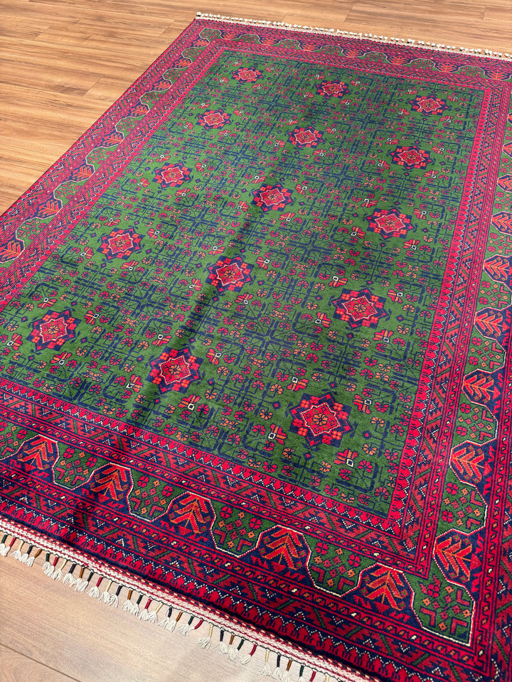 Afgan Halısı Yeşil Hamyap Orijinal El Dokuması Kök Boya Yün 166x234 3.88 Metrekare - 5x7 ft