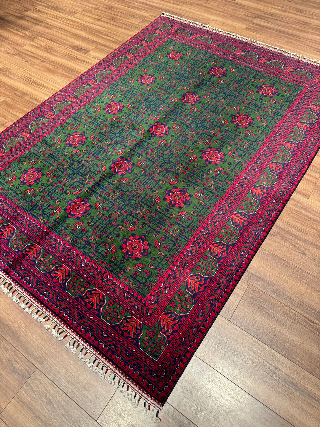Afgan Halısı Yeşil Hamyap Orijinal El Dokuması Kök Boya Yün 166x234 3.88 Metrekare - 5x7 ft