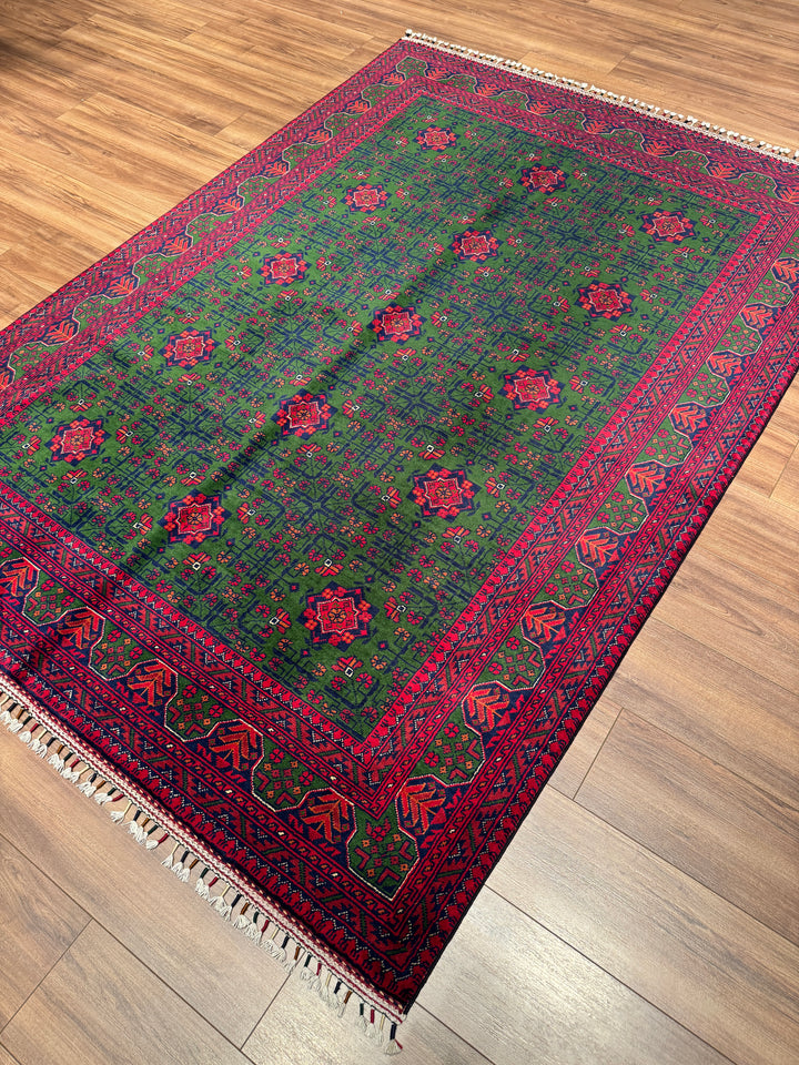 Afgan Halısı Yeşil Hamyap Orijinal El Dokuması Kök Boya Yün 166x234 3.88 Metrekare - 5x7 ft