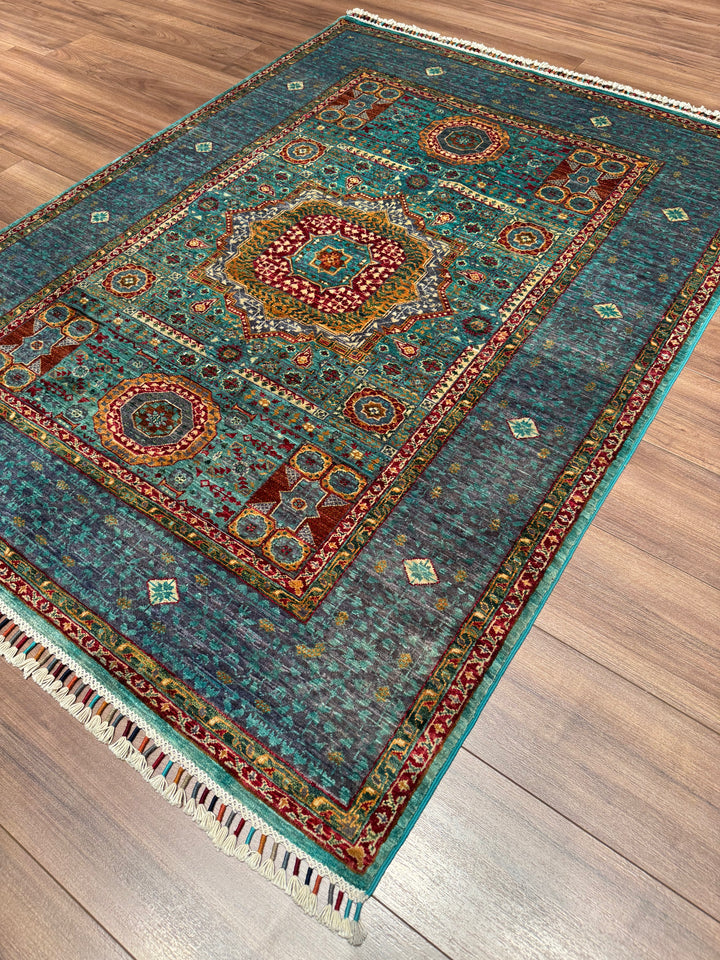 Mamluk Original Handwoven Turquoise Root Dye Wool Rug 134x179 cm (2.40 square meters) - 4x6 ft 