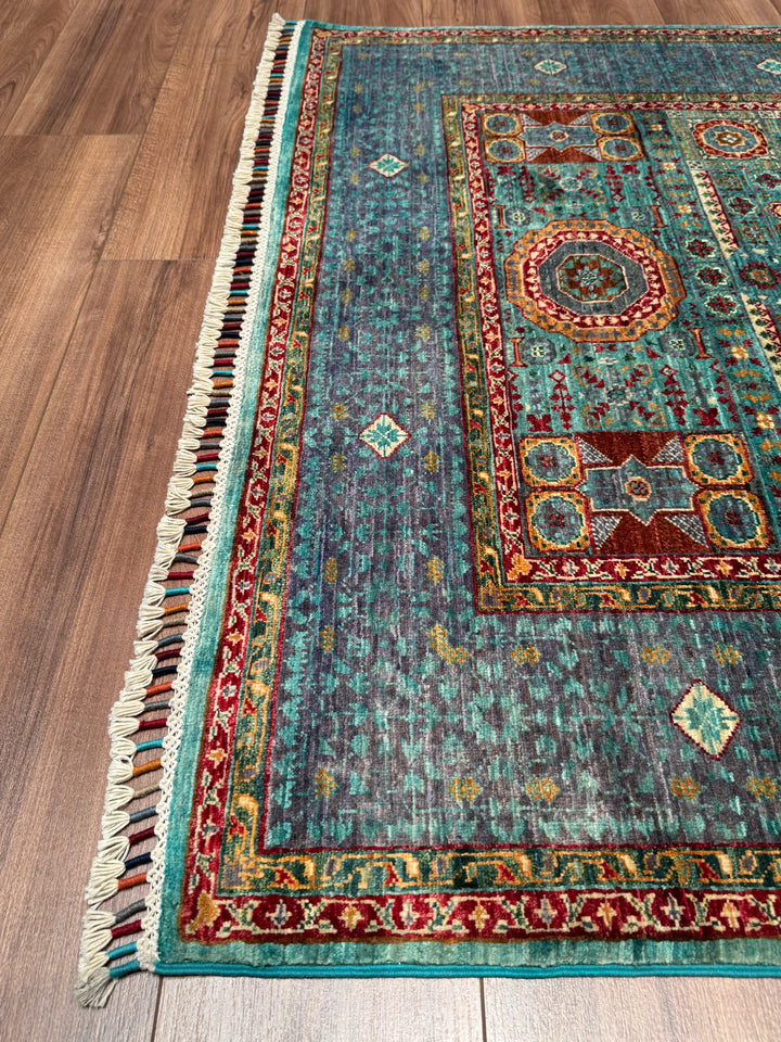 Mamluk Original Handwoven Turquoise Root Dye Wool Rug 134x179 cm (2.40 square meters) - 4x6 ft 
