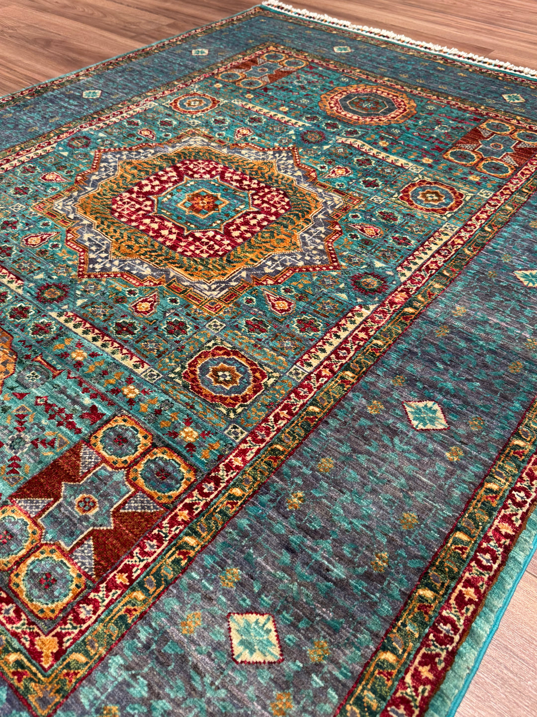 Mamluk Original Handwoven Turquoise Root Dye Wool Rug 134x179 cm (2.40 square meters) - 4x6 ft 