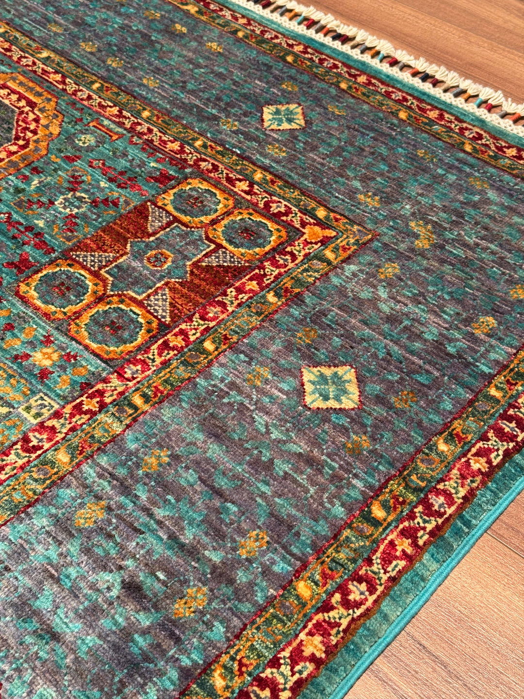 Mamluk Original Handwoven Turquoise Root Dye Wool Rug 134x179 cm (2.40 square meters) - 4x6 ft 