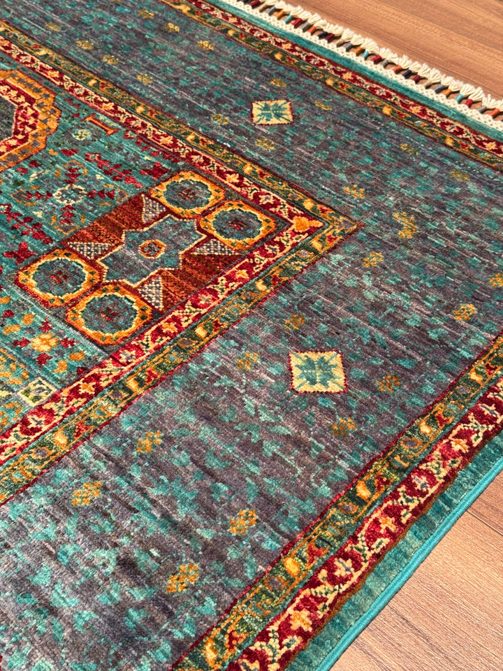 Mamluk Original Handwoven Turquoise Root Dye Wool Rug 134x179 cm (2.40 square meters) - 4x6 ft 