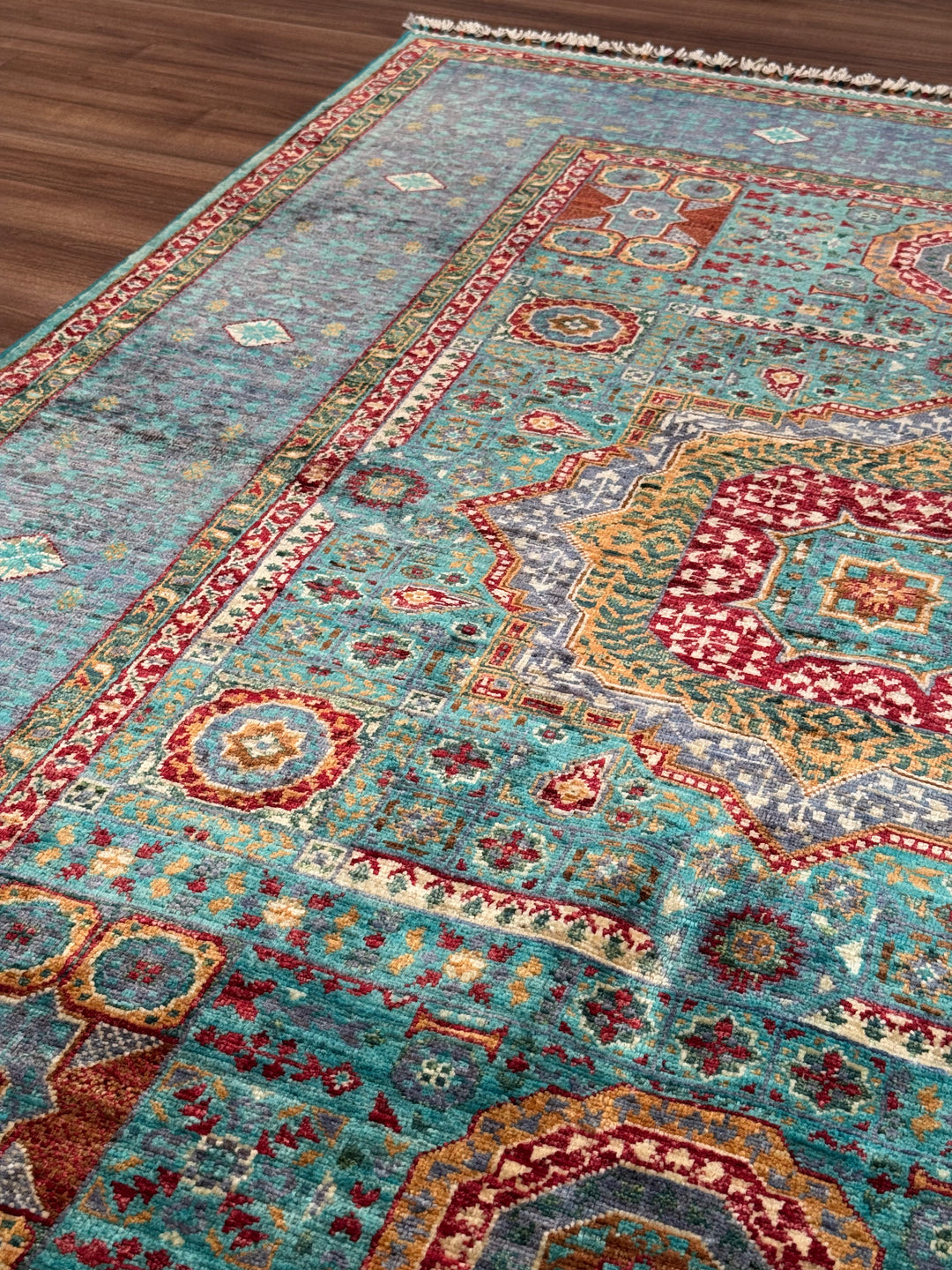 Mamluk Original Handwoven Turquoise Root Dye Wool Rug 134x179 cm (2.40 square meters) - 4x6 ft 