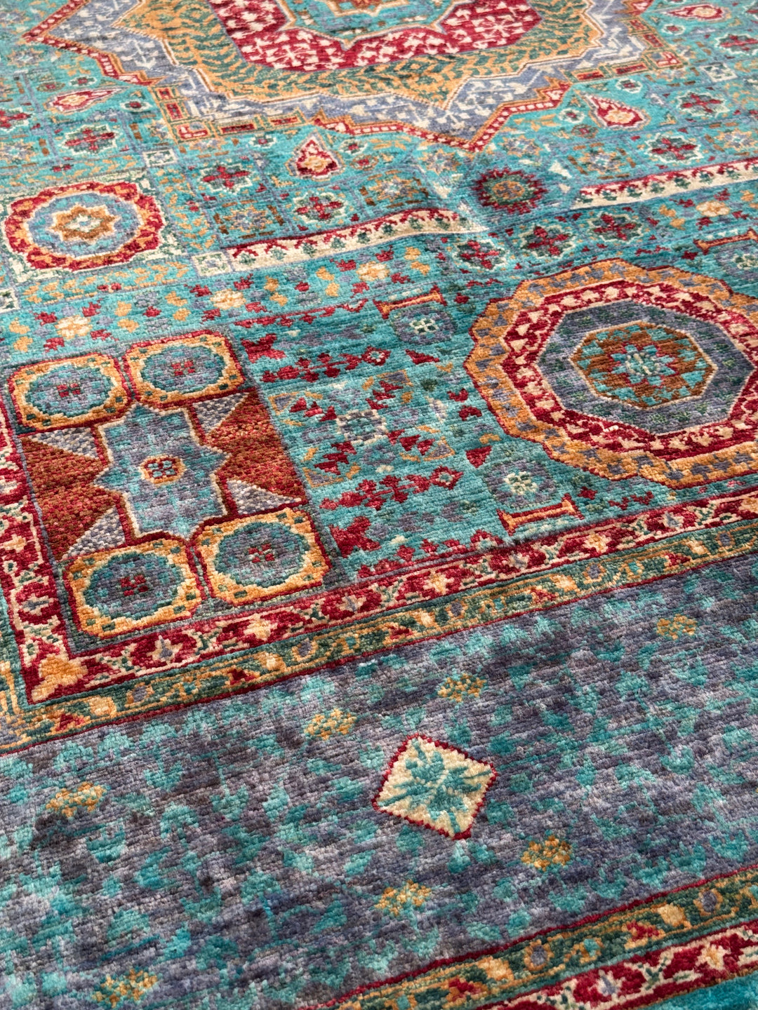 Mamluk Original Handwoven Turquoise Root Dye Wool Rug 134x179 cm (2.40 square meters) - 4x6 ft 