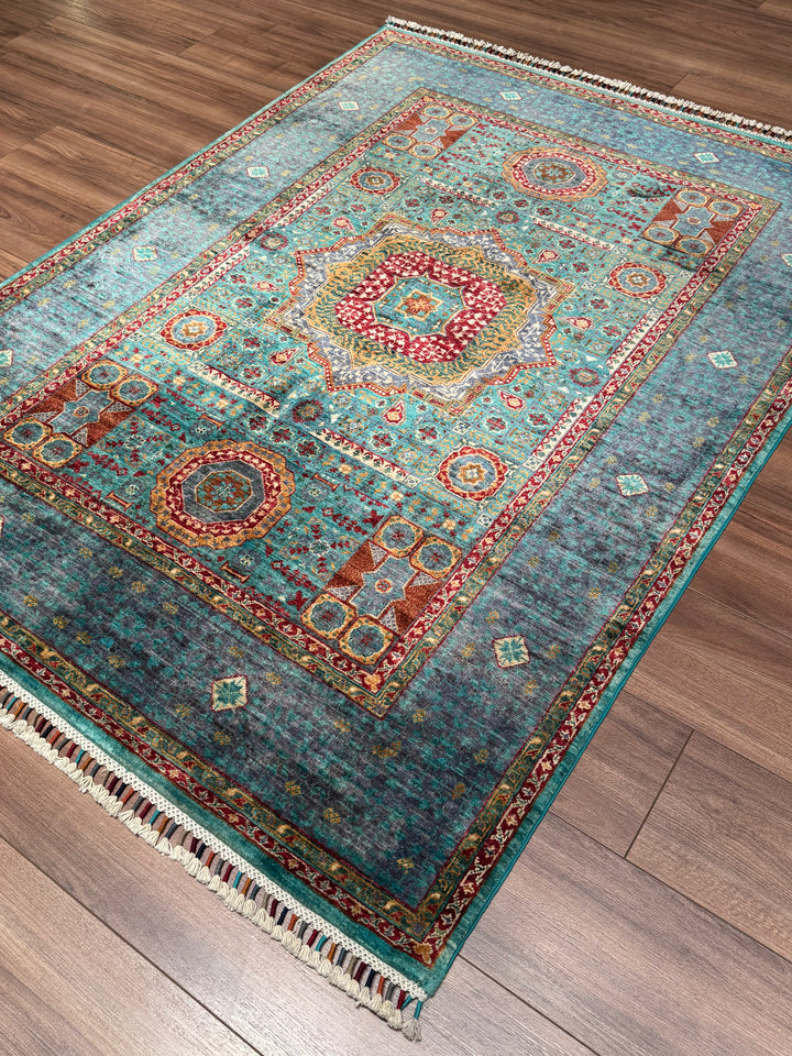 Mamluk Original Handwoven Turquoise Root Dye Wool Rug 134x179 cm (2.40 square meters) - 4x6 ft 