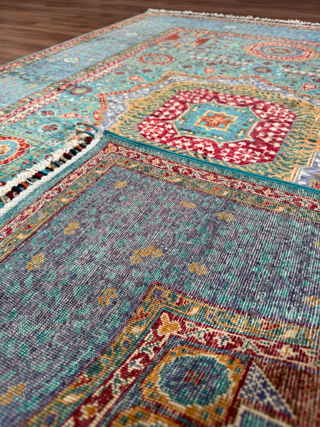 Mamluk Original Handwoven Turquoise Root Dye Wool Rug 134x179 cm (2.40 square meters) - 4x6 ft 