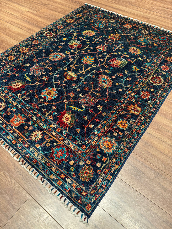 Sultani One Thousand and One Nights Original Handwoven Dark Blue Root Dye Wool Rug 158x199 cm (3.14 square meters) - 5x6 ft 