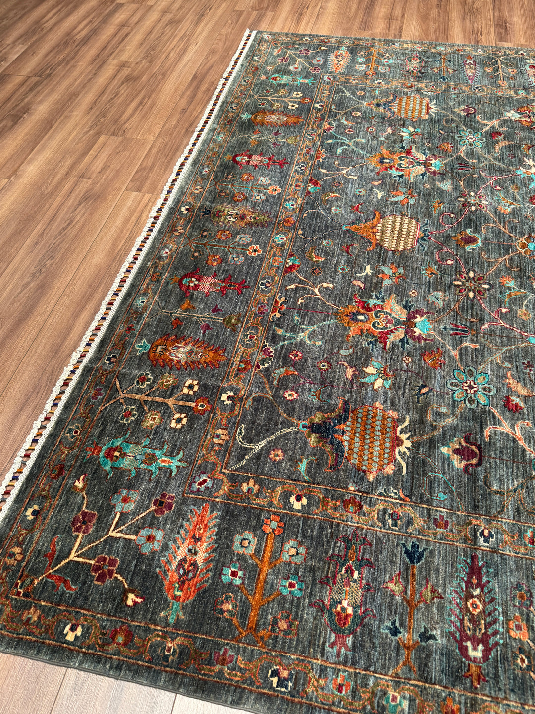 Sultani Binbirgece Orijinal El Dokuması Gri Kök Boya Yün Halı 246x299 7.36 Metrekare - 8x10 ft
