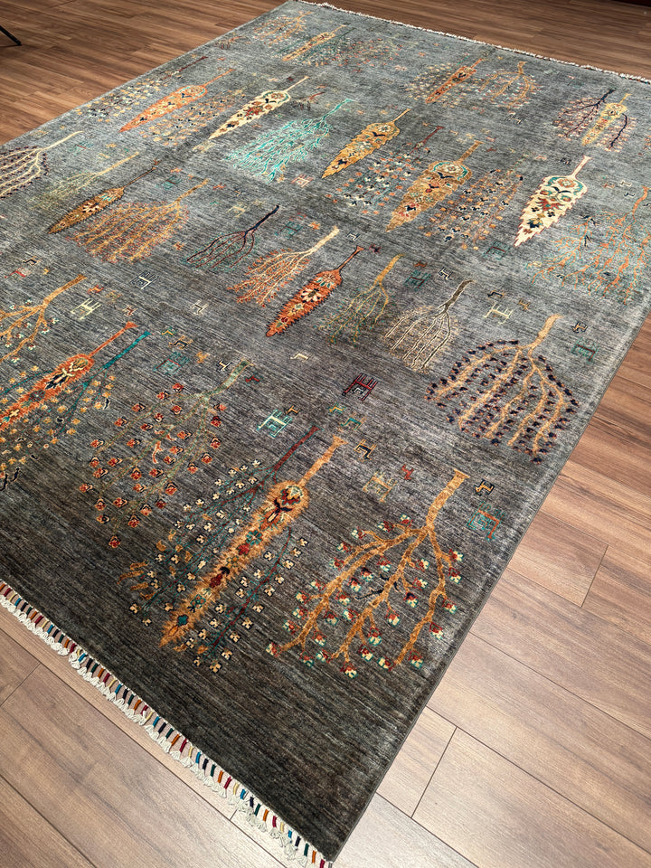 Hayat Ağacı Orijinal El Dokuması Antrasit Kök Boya Yün Halı 275x352 9.68 Metrekare - 8x11 ft