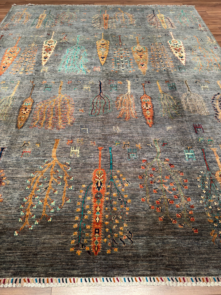 Hayat Ağacı Orijinal El Dokuması Antrasit Kök Boya Yün Halı 275x352 9.68 Metrekare - 8x11 ft