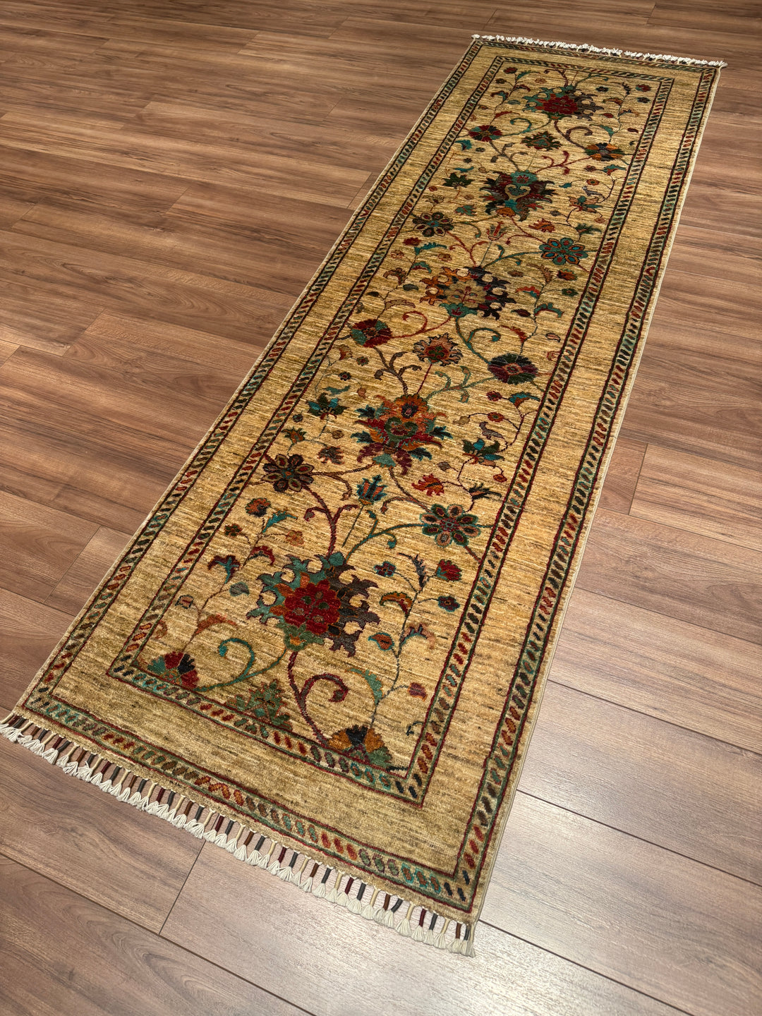 Sultani Binbirgece Yolluk Orijinal El Dokuması Bej Kök Boya Yün Halı 0.84x262 2.20 Metrekare - 3x8 ft