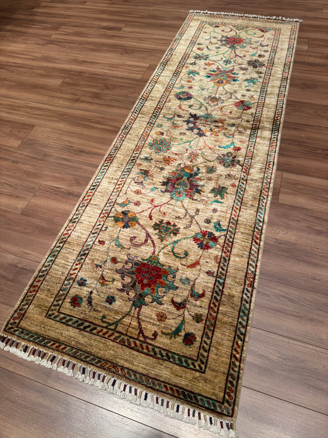Sultani Binbirgece Yolluk Orijinal El Dokuması Bej Kök Boya Yün Halı 0.84x262 2.20 Metrekare - 3x8 ft