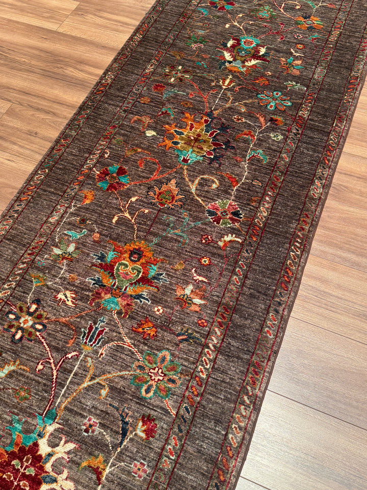 Sultani Binbirgece Yolluk Orijinal El Dokuması Kahverengi Kök Boya Yün Halı 0.84x256 2.15 Metrekare - 3x8 ft