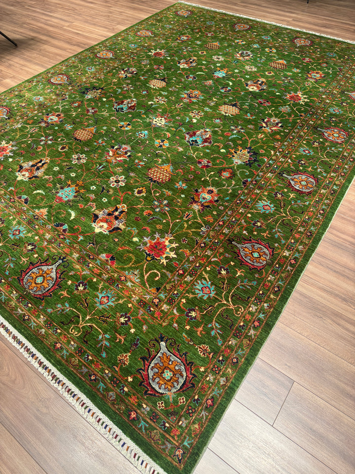 Sultani Binbirgece Orijinal El Dokuması Yeşil Kök Boya Yün Halı 269x366 9.85 Metrekare - 9x12 ft