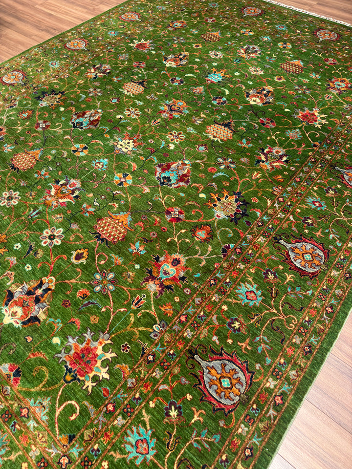 Sultani Binbirgece Orijinal El Dokuması Yeşil Kök Boya Yün Halı 269x366 9.85 Metrekare - 9x12 ft
